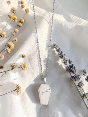WHITE HOWLITE natural stone coffin pendant necklace on silver chain NEW